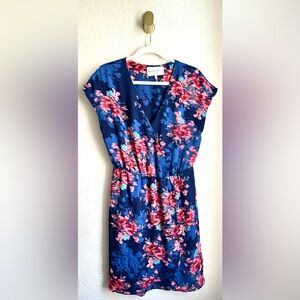 Charles Henry | Blue + Pink floral dress w/ elastic waist & wrap-inspired design